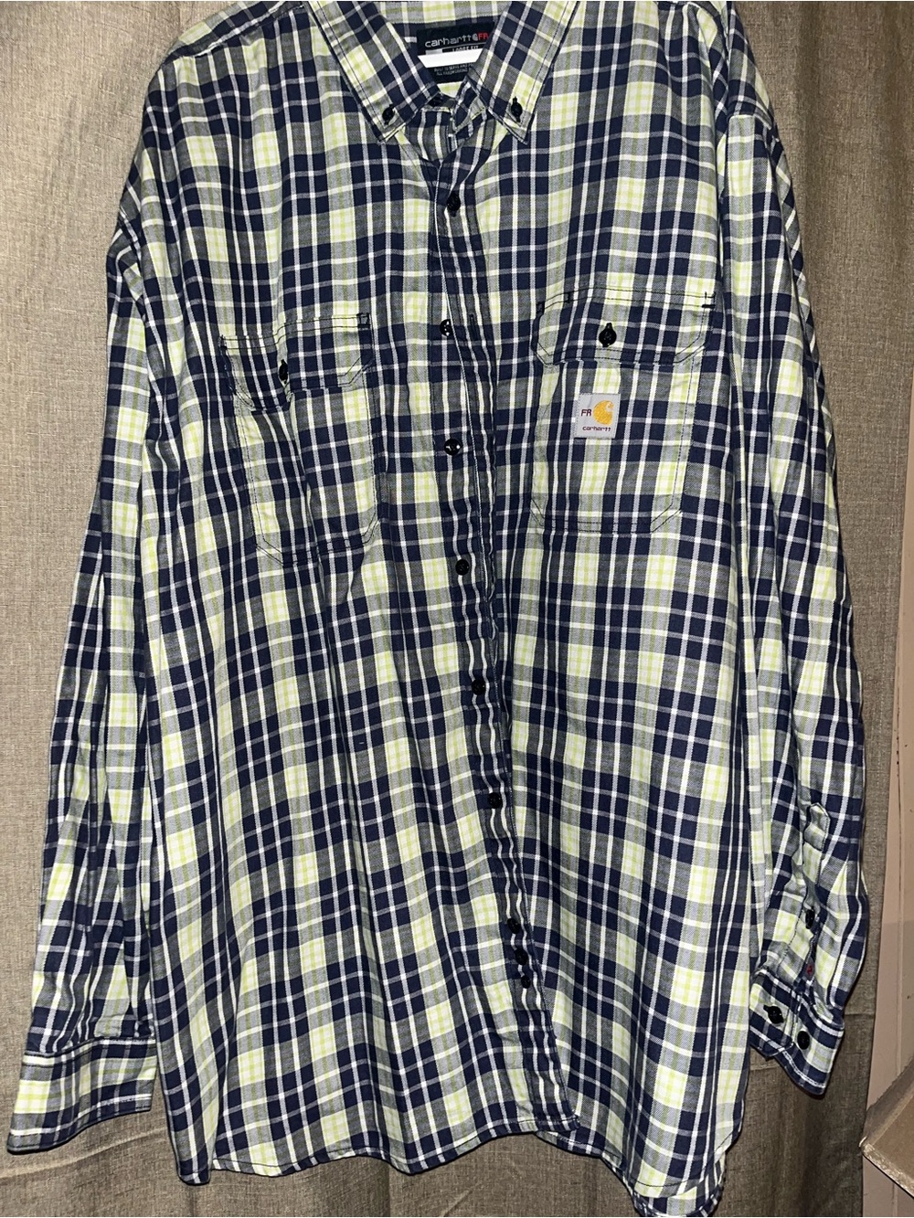 Carhartt Men's Navy and Cream Plaid Button-Down FR Shirt